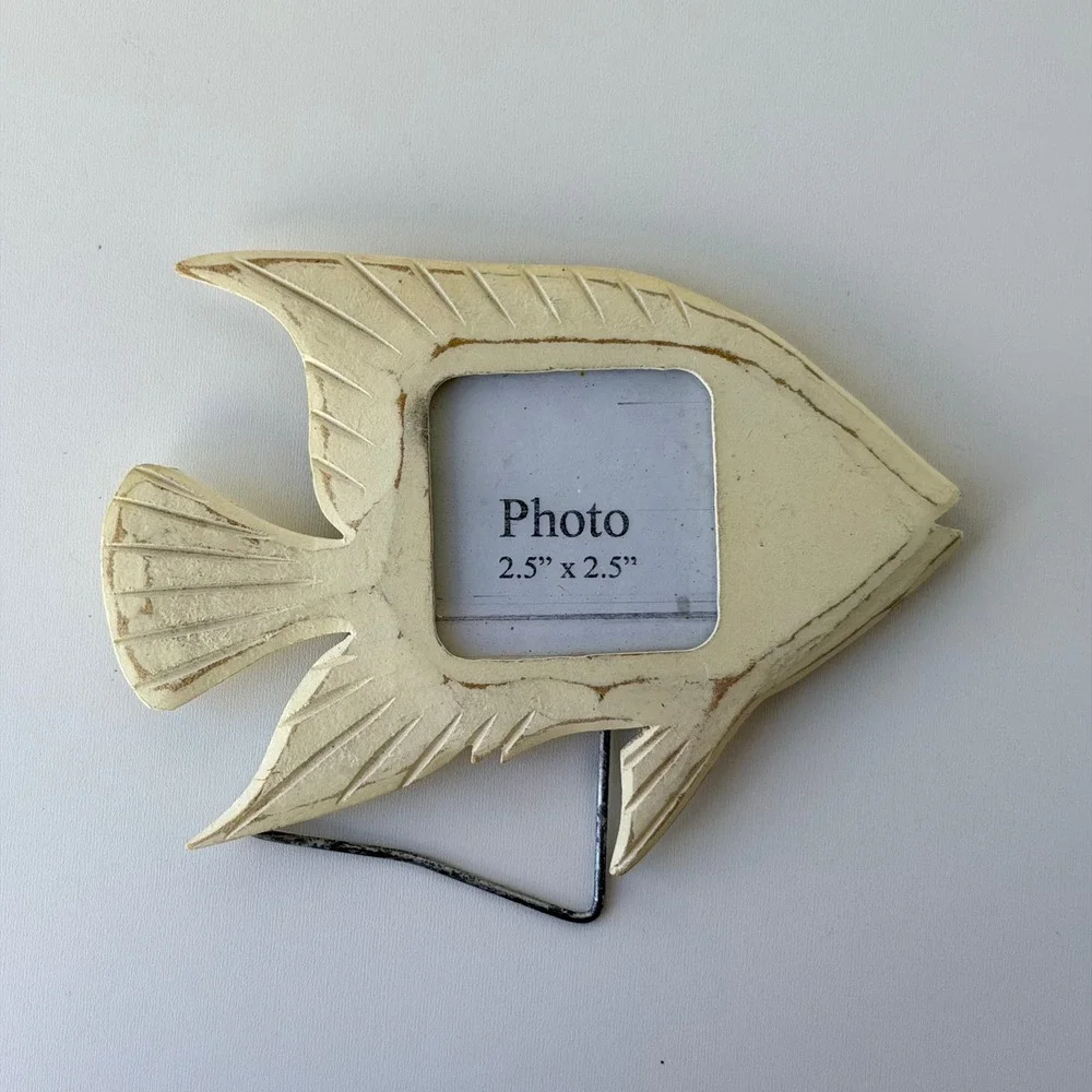 Vintage Enesco Tropical Fish Photo Frame 2.5x2.5 Cream Coastal Distressed Wood
